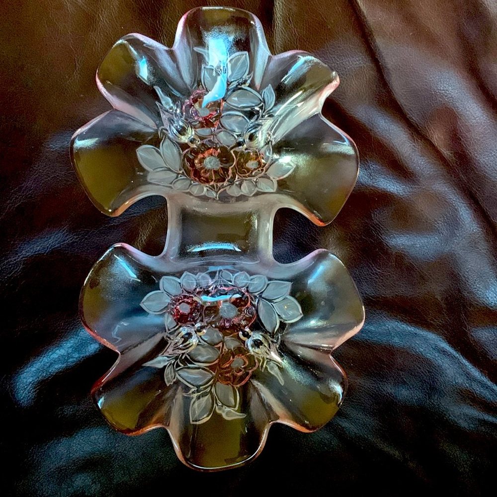 MIKASA Pink Crystal Bianca Walther double bowl Frosted Rosella candy dish 11”w
